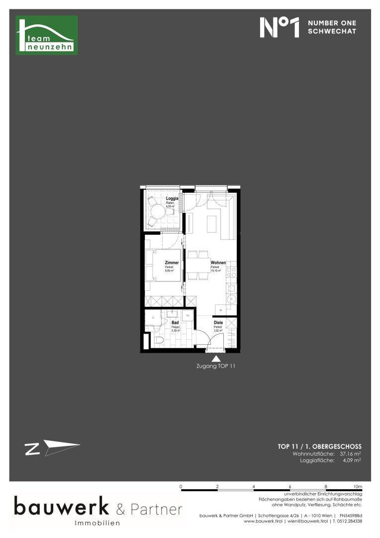 Grundriss einer Wohnung im ersten Obergeschoss mit Loggia und separatem Bad.