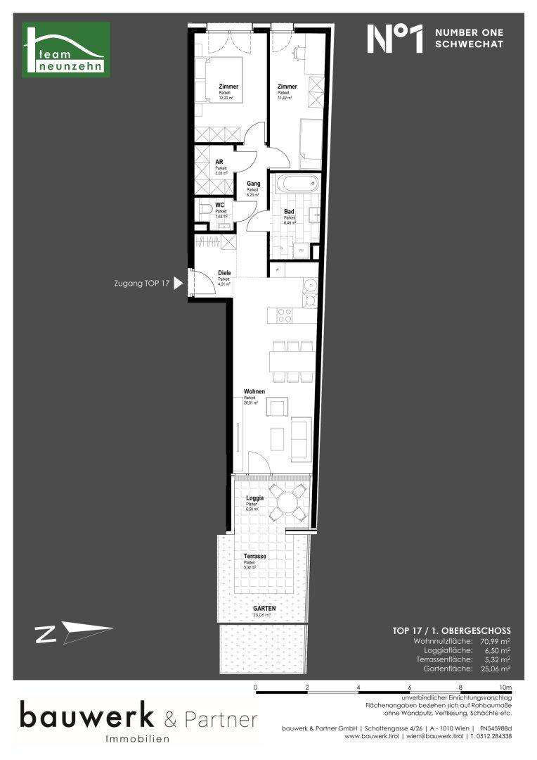 Grundriss einer Wohnung mit drei Zimmern, Loggia, Terrasse und Gartenbereich.