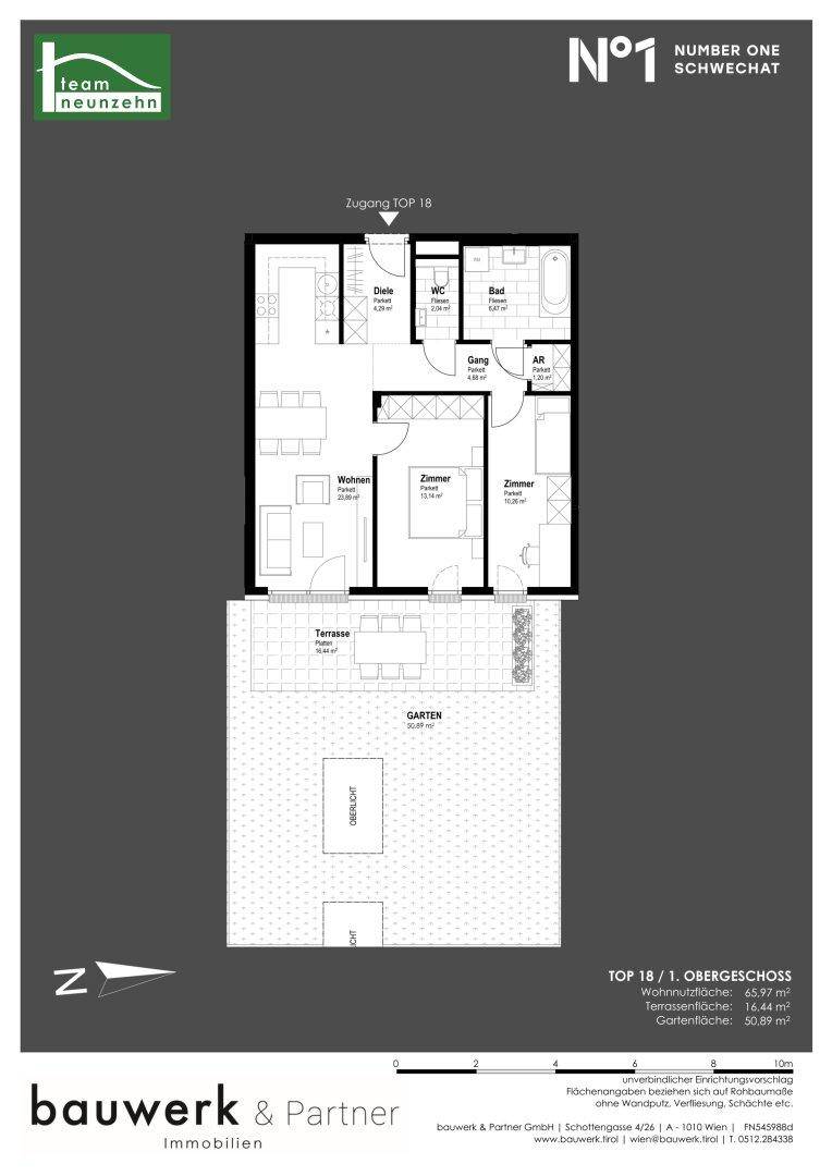 Grundriss einer Wohnung mit Wohnzimmer, zwei Zimmern, Bad, WC, Terrasse und eigenem Garten.