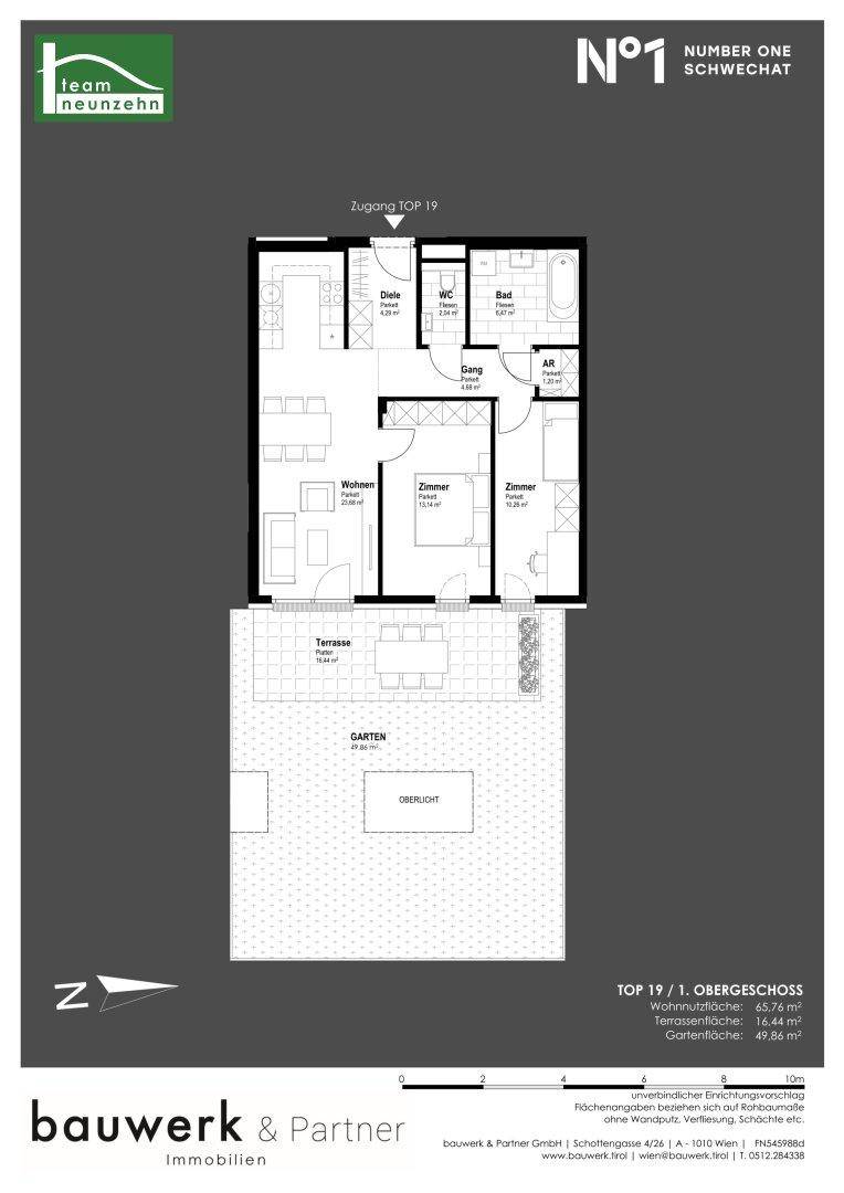 Grundriss für eine Wohnung im ersten Obergeschoss mit Wohnzimmer, zwei Schlafzimmern, Terrasse und Garten.