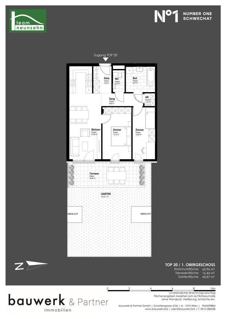 Grundriss einer Wohnung im Obergeschoss mit Terrasse und Gartenanteil.