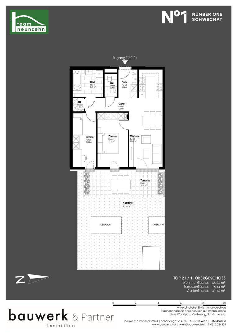 Grundriss einer Wohnung mit drei Zimmern, Terrasse und Garten im Erdgeschoss.