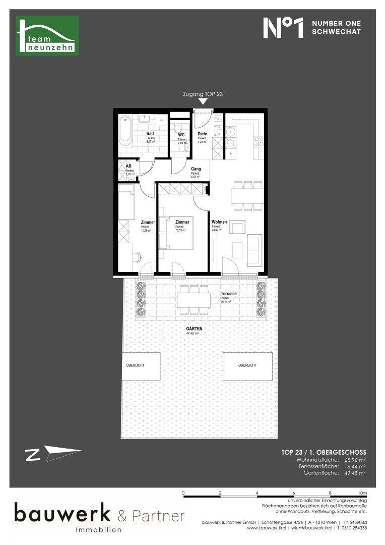 Grundriss für eine Wohnung im ersten Obergeschoss mit zwei Schlafzimmern, Terrasse und Garten.