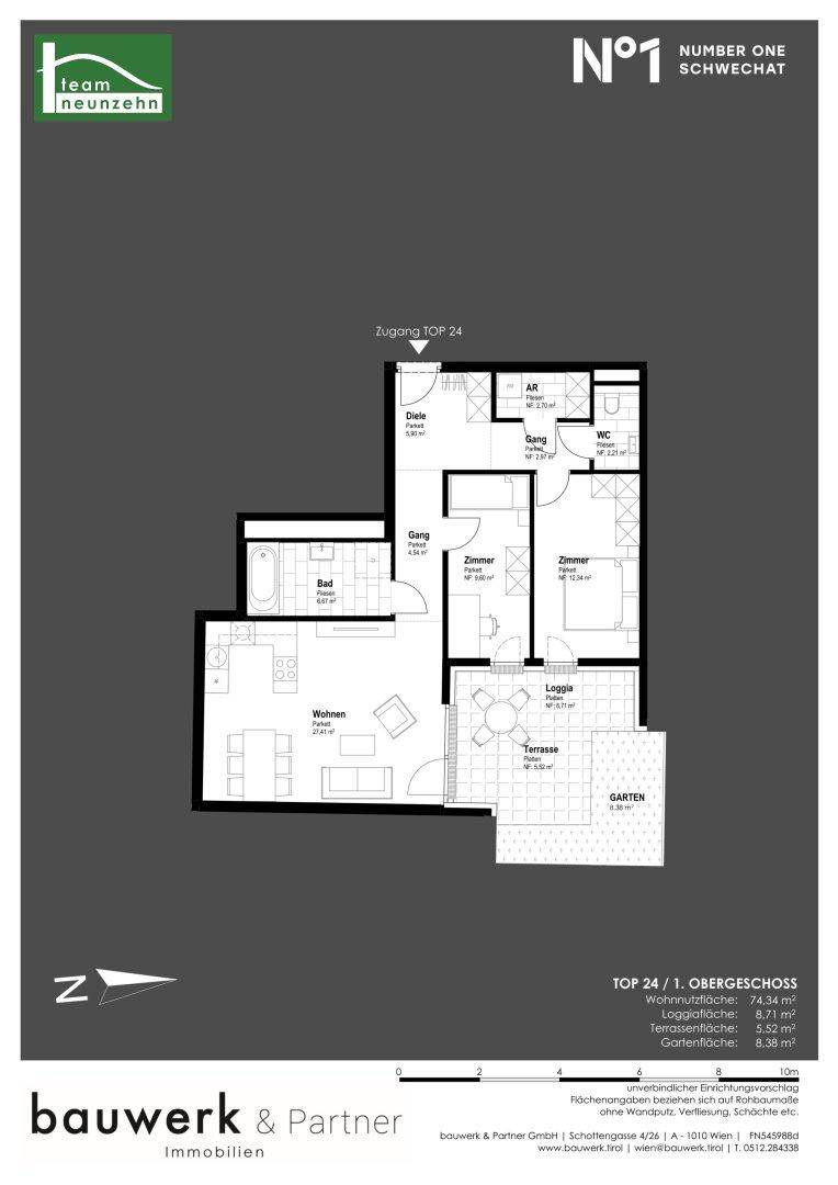 Grundriss einer Wohnung im Obergeschoss mit Loggia, Terrasse und Gartenanteil.