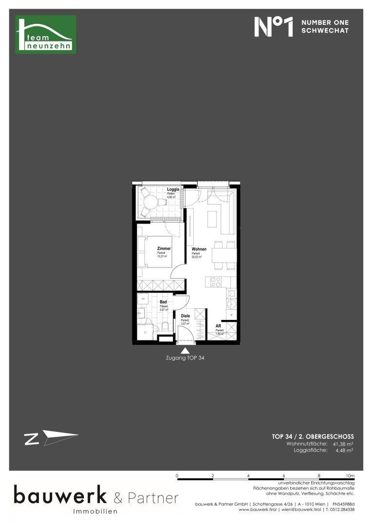 Grundriss einer Wohnung im 2. Obergeschoss mit Loggia und separatem Zimmer.