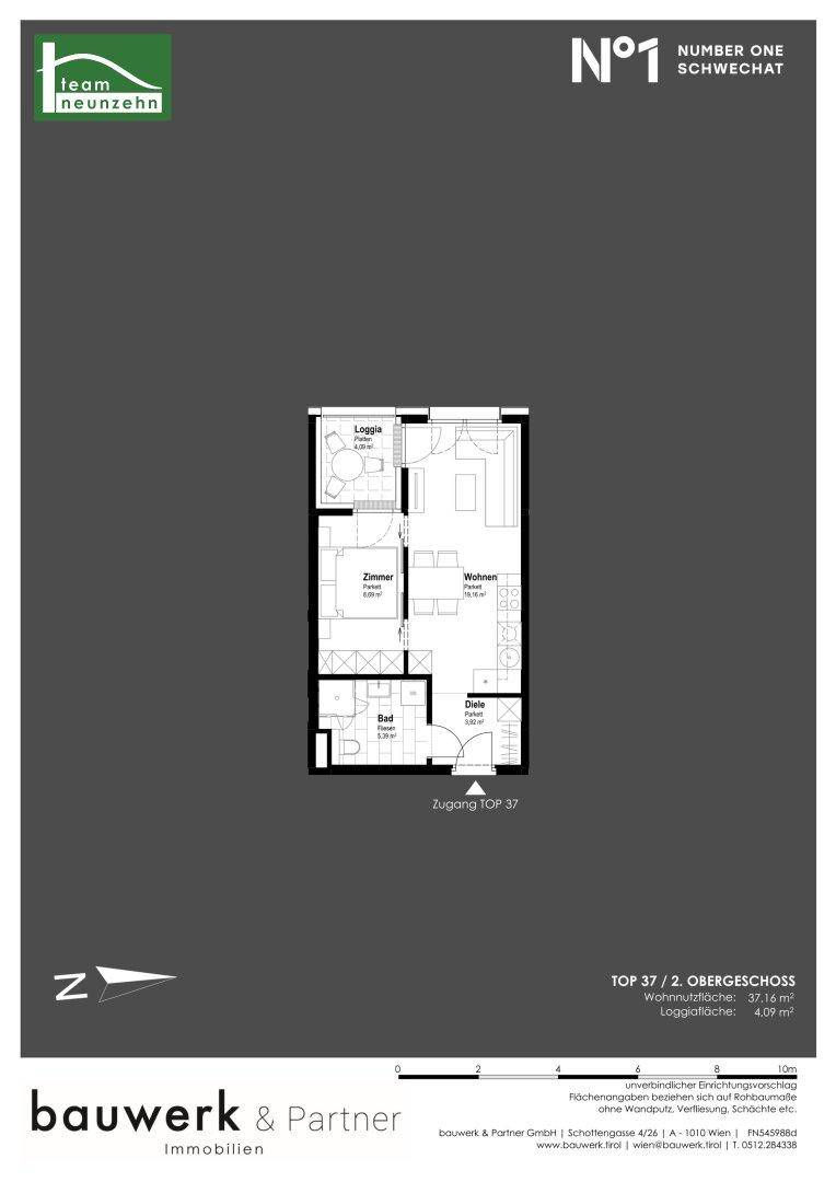 Grundriss einer Wohnung mit Loggia, Wohnbereich, Zimmer und Bad auf 37,16 m² Wohnnutzfläche.