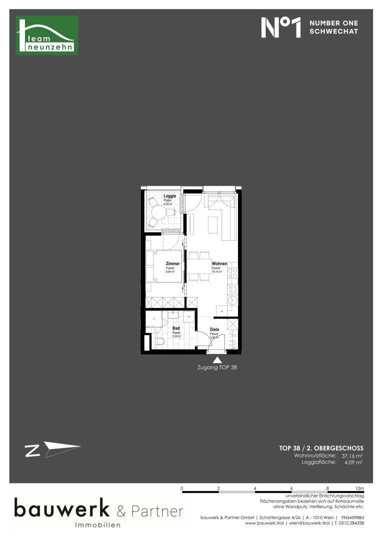Grundriss einer Wohnung mit Loggia, einem Zimmer, Wohnbereich und Bad.