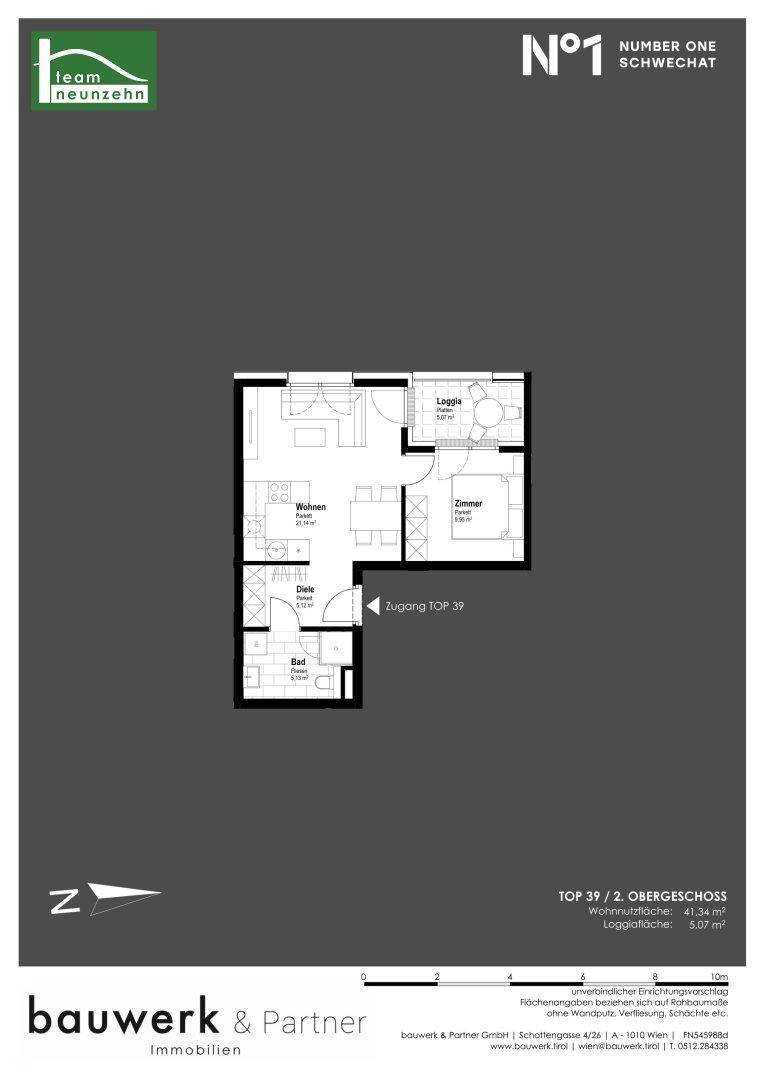 Grundriss für Top 39 im 2. Obergeschoss mit Wohnzimmer, Schlafzimmer, Bad und Loggia.
