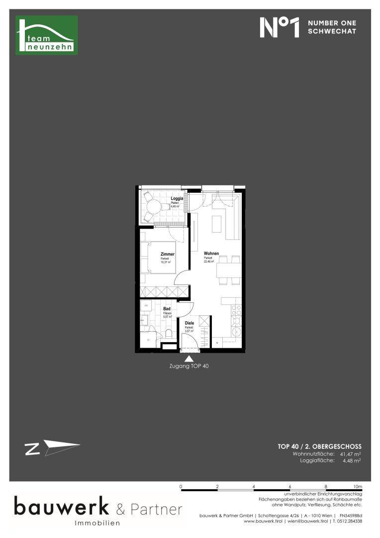 Grundriss einer kleinen Wohnung im zweiten Obergeschoss mit Loggia, Schlafzimmer und offenem Wohnbereich.