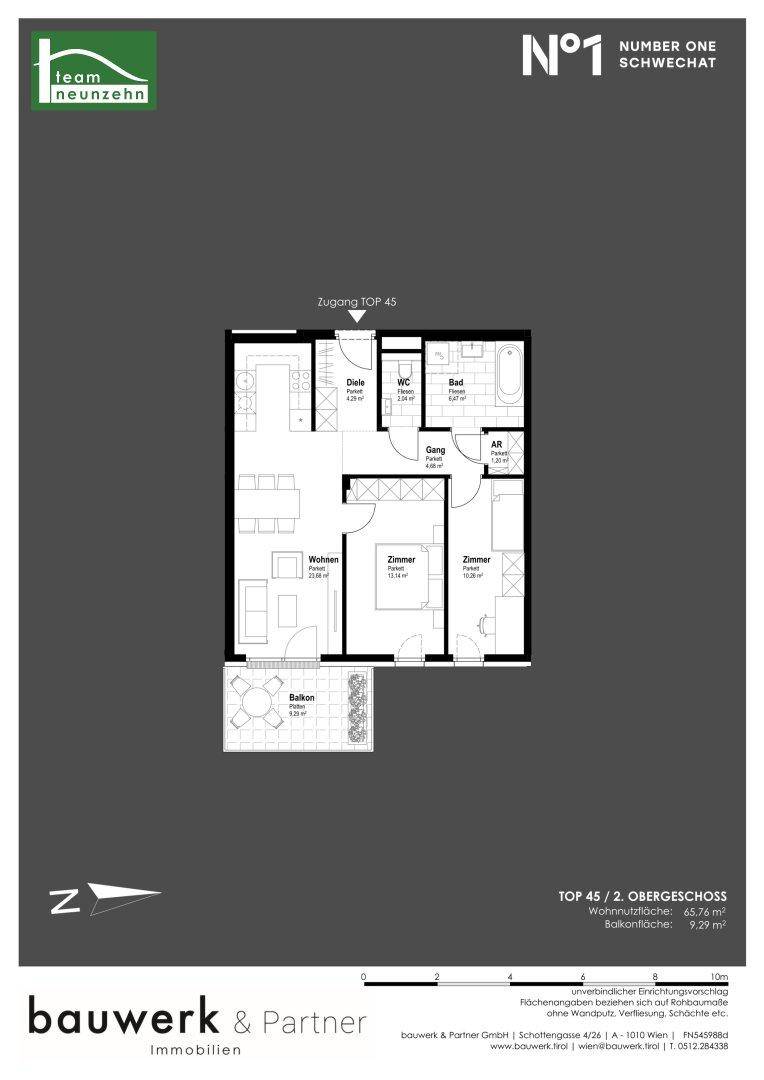 Grundriss für Top 45 im 2. Obergeschoss mit Wohnzimmer, Küche, Schlafzimmer und Balkon.