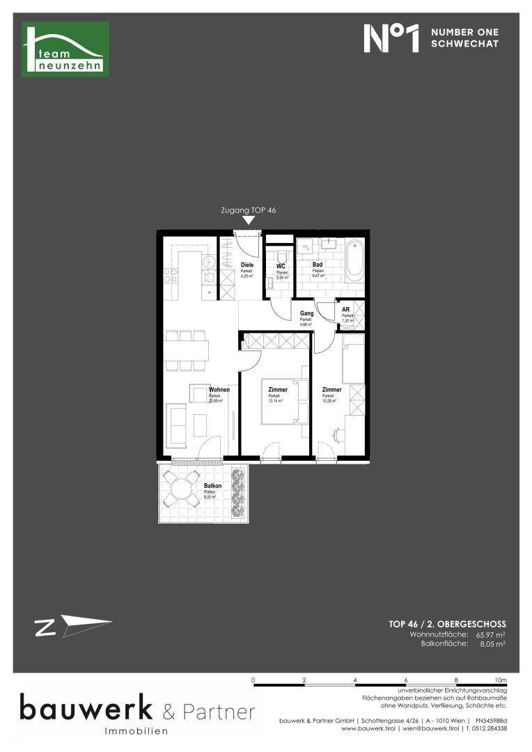 Grundriss der Wohnung TOP 46 im 2. Obergeschoss mit Balkon und klarer Raumaufteilung.