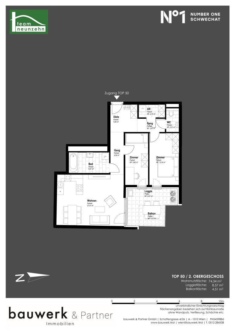 Grundriss einer Wohnung mit offenem Wohnbereich, zwei Schlafzimmern, Bad, WC, Loggia und Balkon.