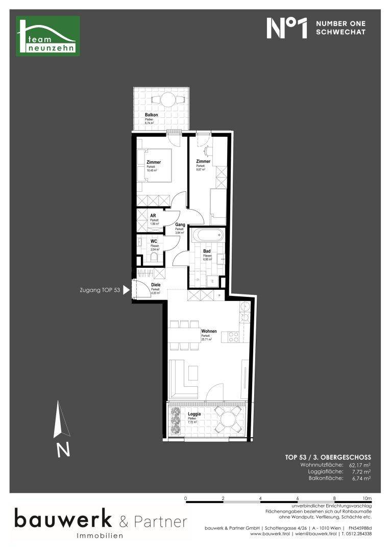 Grundriss der Wohnung TOP 53 im 3. Obergeschoss mit Balkon und Loggia.