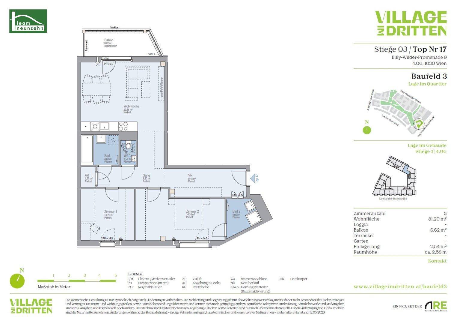 Detaillierter Grundriss einer Wohnung mit drei Zimmern, Loggia und Terrasse.