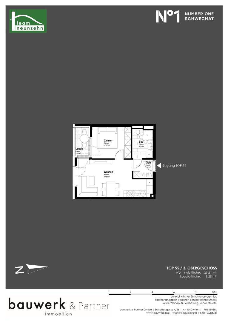 Grundriss einer Wohnung im dritten Obergeschoss mit Loggia und separatem Zimmer.