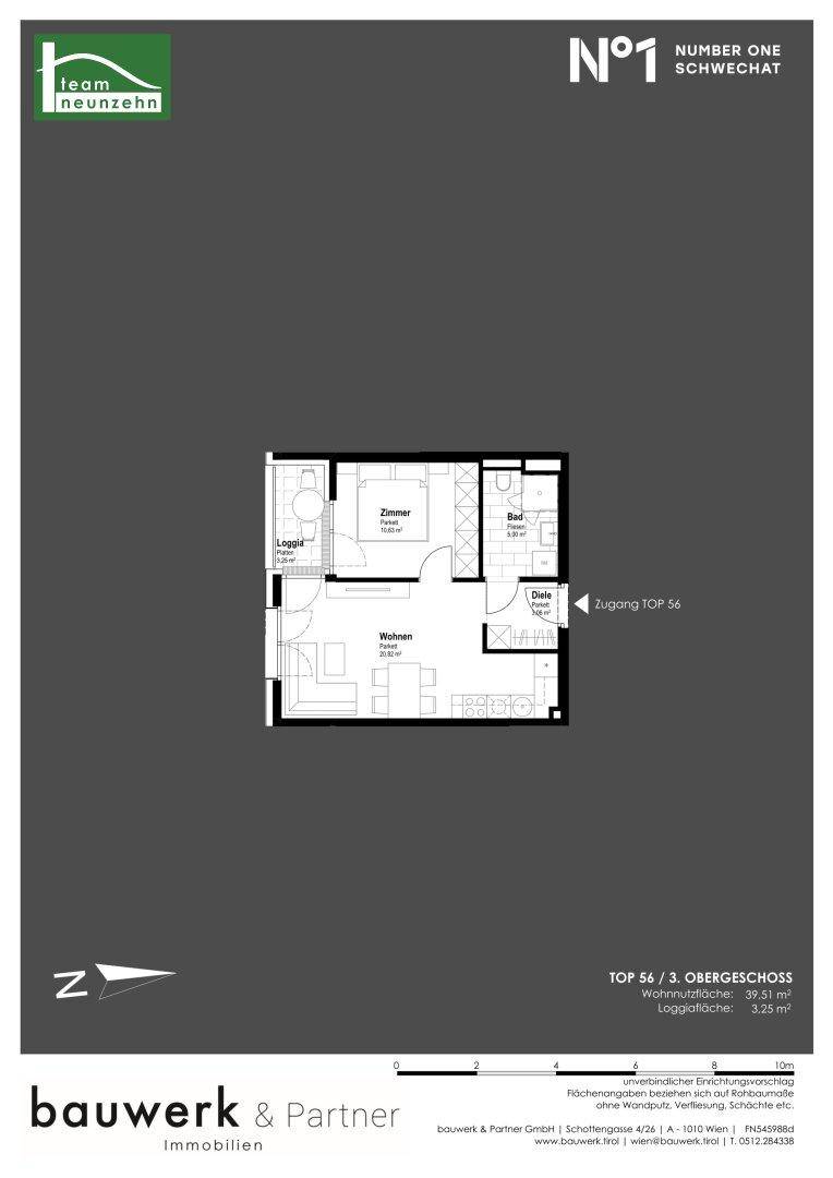 Grundriss einer Wohnung mit einem Schlafzimmer, Wohnbereich und Loggia.