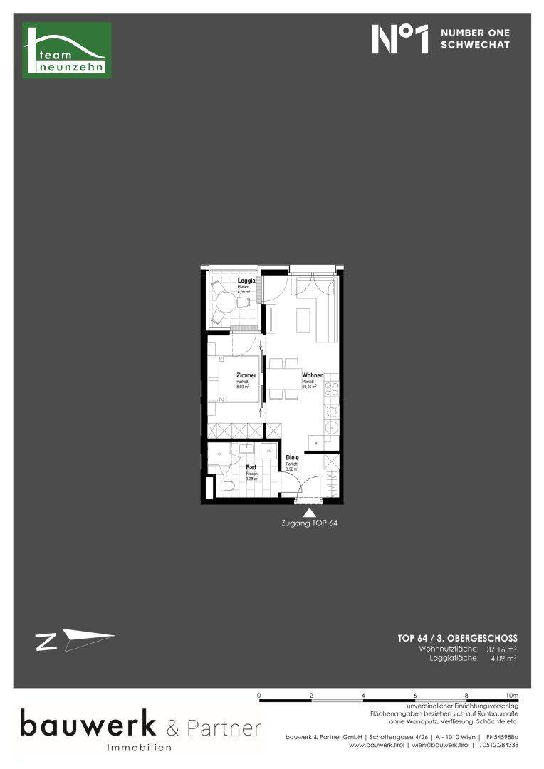 Grundriss der Wohnung TOP 64 im dritten Obergeschoss mit Loggia und Bad.