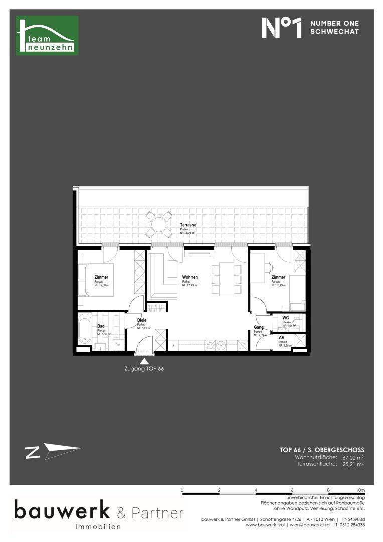 Grundriss einer Wohnung mit Wohnbereich, zwei Zimmern, Bad, WC und großer Terrasse.
