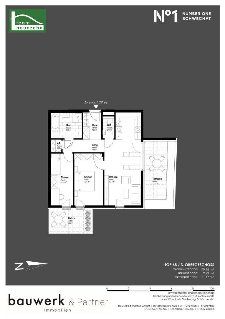 Grundriss einer Wohnung im dritten Obergeschoss mit Balkon und Terrasse.