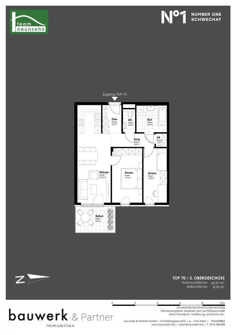 Grundriss für TOP 70 im 3. Obergeschoss mit Wohnzimmer, zwei Schlafzimmern, Küche und Balkon.