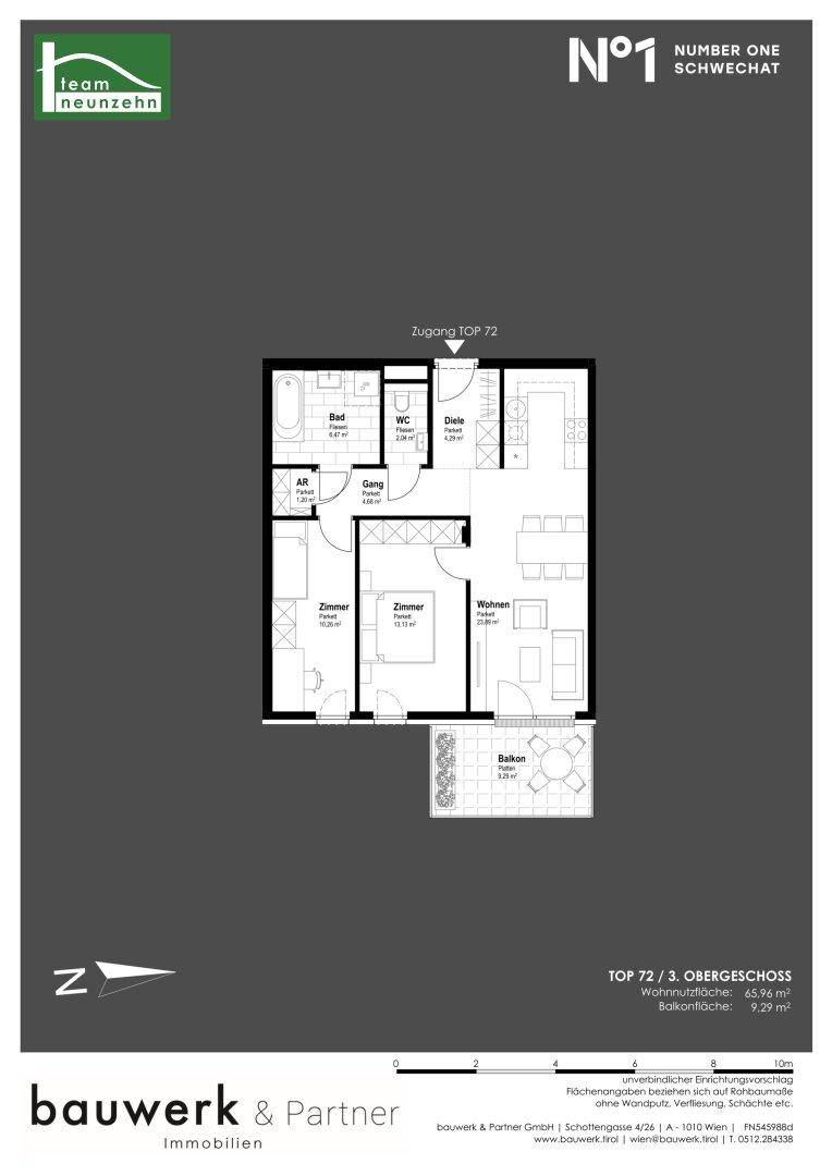 Grundriss einer Wohnung im dritten Obergeschoss mit zwei Schlafzimmern und Balkon.