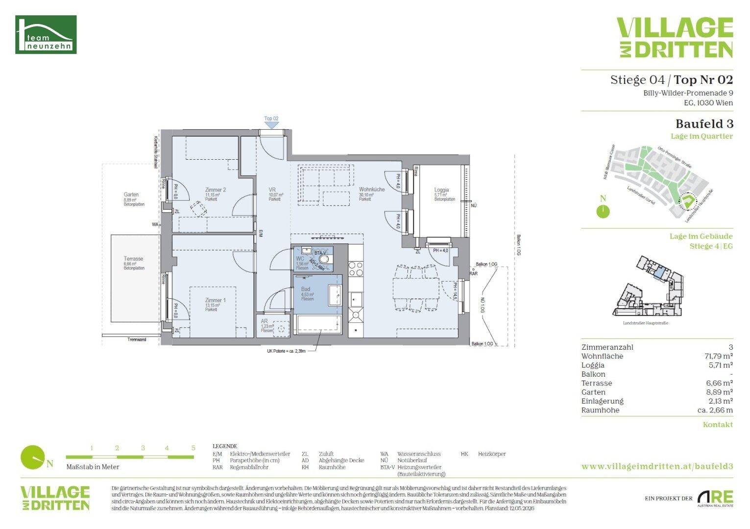 Grundriss einer Wohnung mit drei Zimmern, offener Wohnküche, Loggia, Garten und Terrasse.