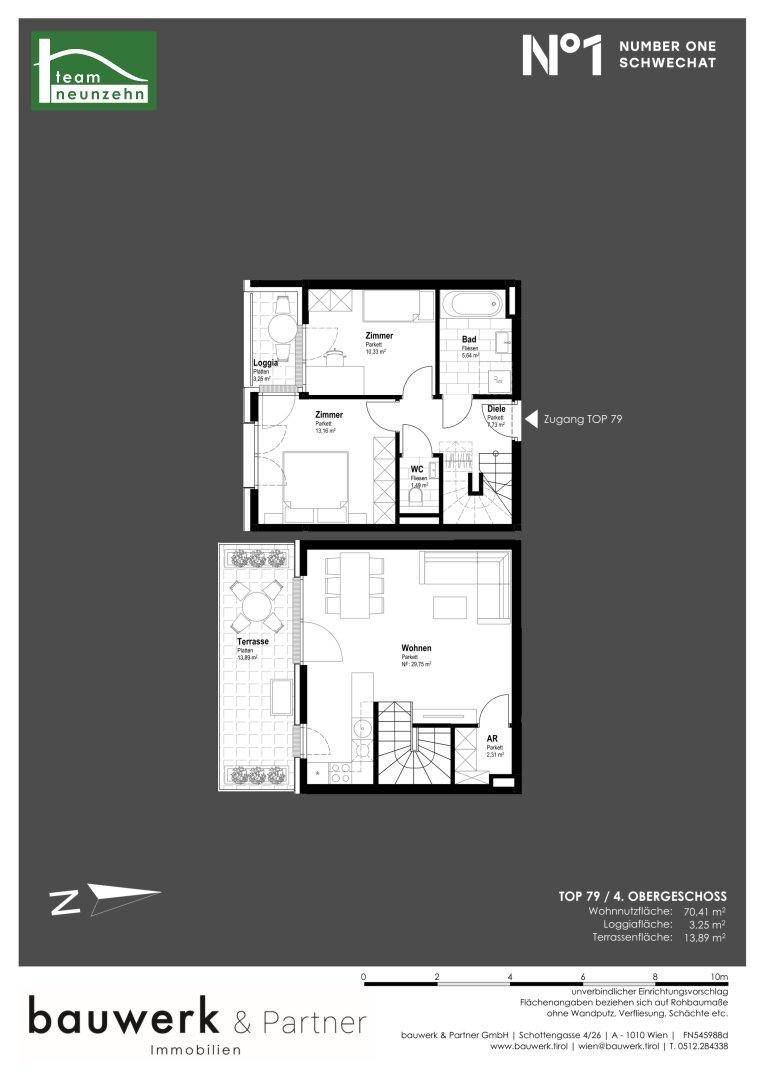 Grundriss einer zweistöckigen Wohnung mit Terrasse und Loggia, die verschiedene Wohnbereiche zeigt.