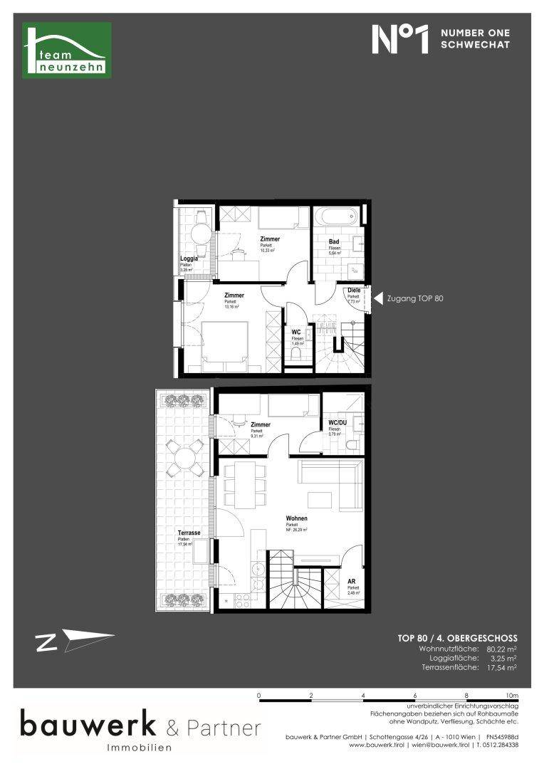 Grundriss einer Maisonette-Wohnung mit Terrasse, Loggia und separatem WC auf zwei Ebenen.