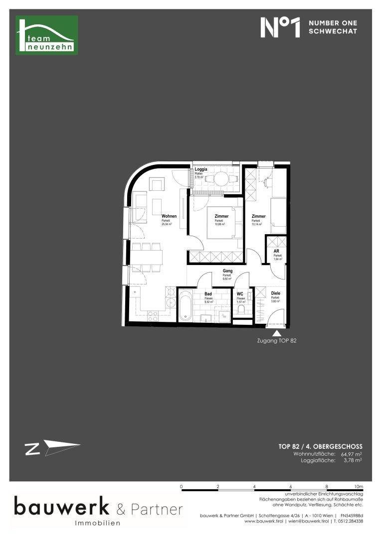 Grundriss einer Wohnung im 4. Obergeschoss mit Loggia, zwei Zimmern und offenem Wohnbereich.