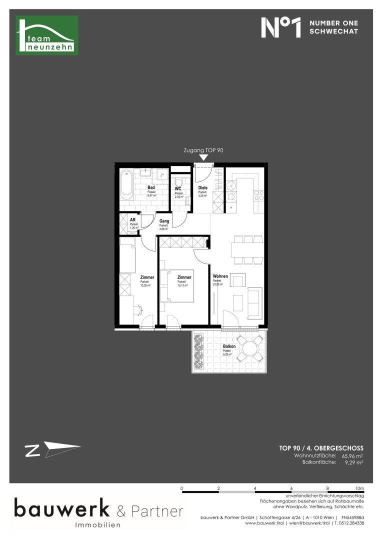 Grundriss einer 2-Zimmer-Wohnung mit Balkon, Bad und separatem WC im 4. Obergeschoss.