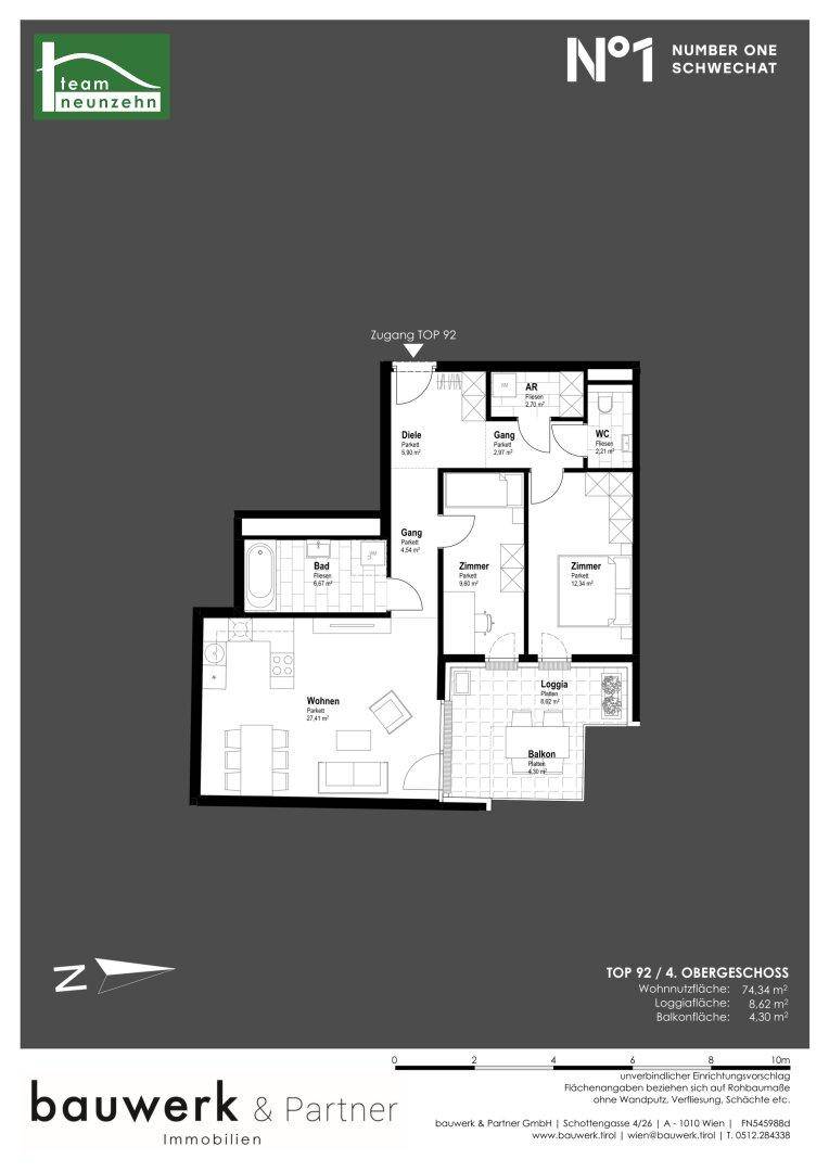 Grundriss einer Wohnung im 4. Obergeschoss mit Wohnbereich, Schlafzimmern und Balkon.