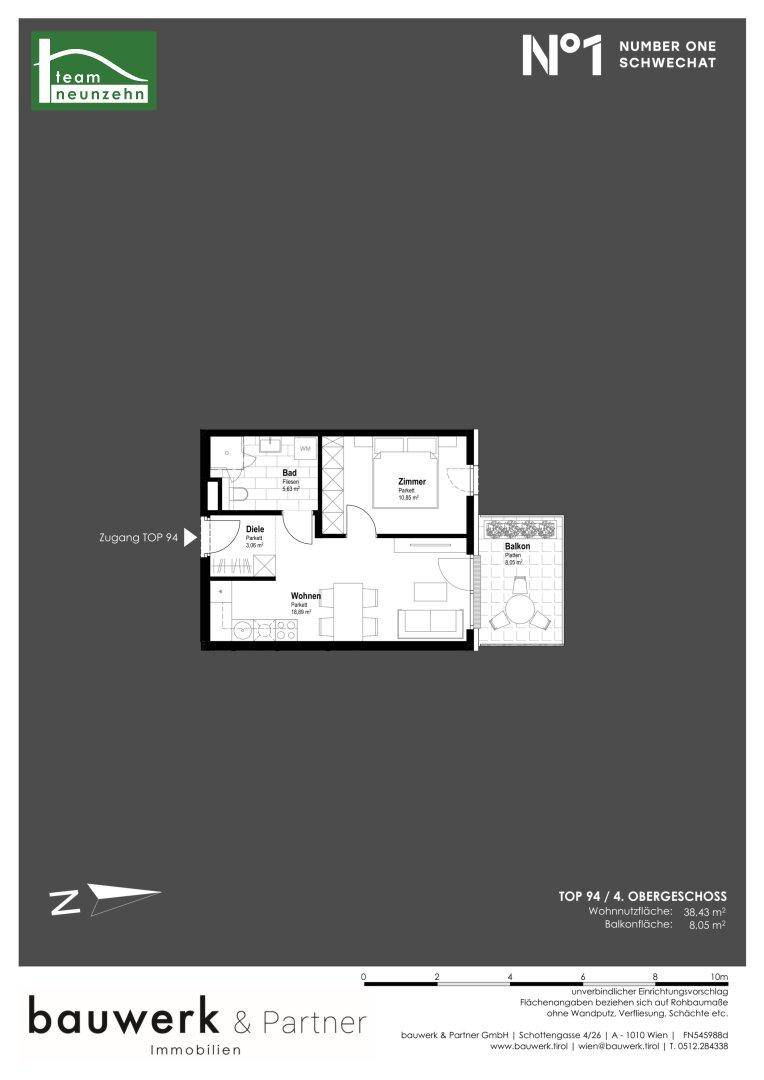 Grundriss einer Wohnung mit einem Schlafzimmer, Bad und Balkon.