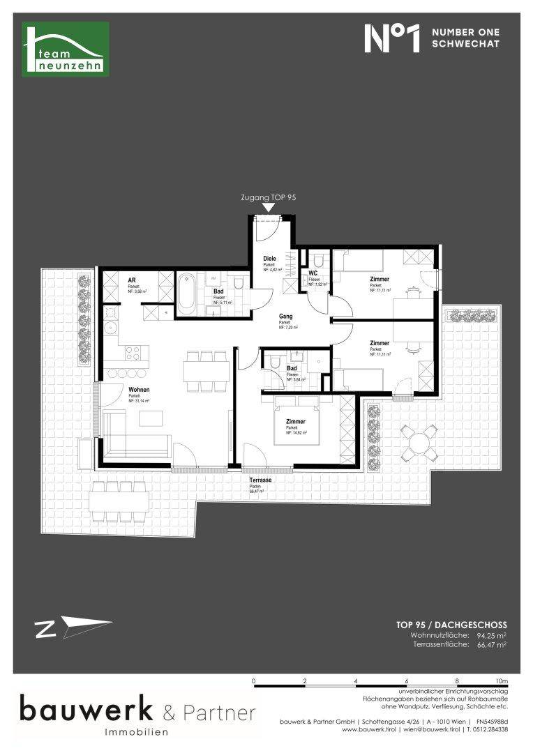 Grundriss einer Dachgeschosswohnung mit drei Zimmern, zwei Bädern und großer Terrasse.
