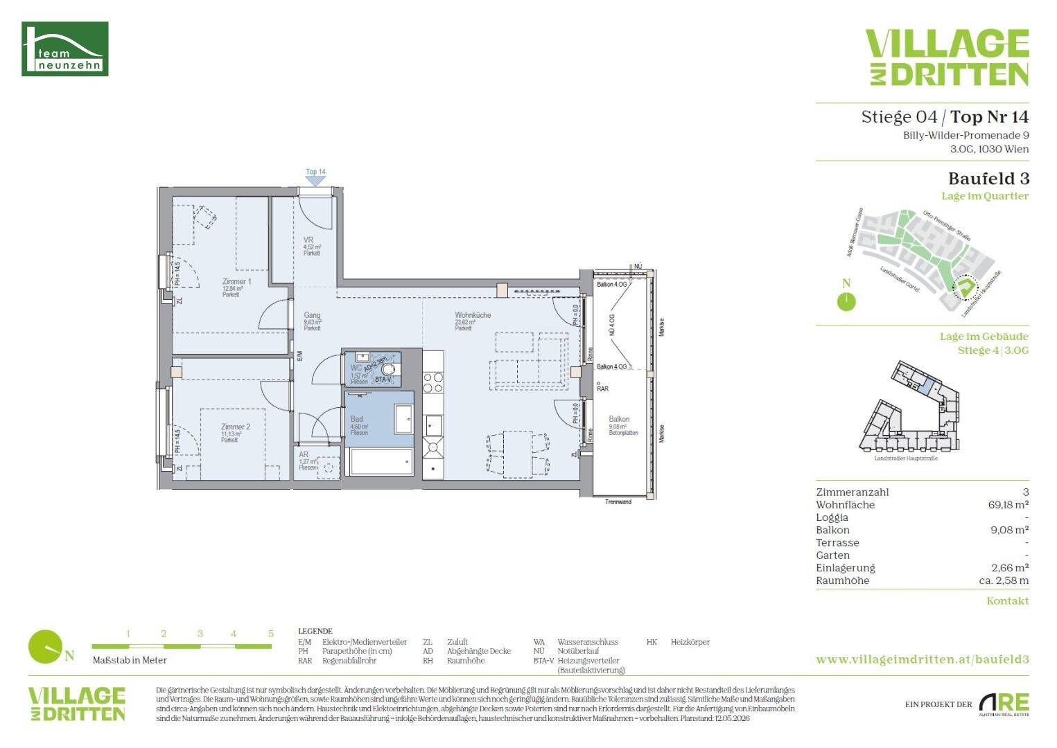 Grundriss der Wohnung mit drei Zimmern, Loggia und einer Wohnfläche von 69,18 m².