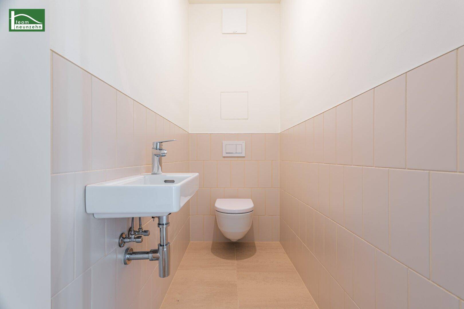 Separates Gäste-WC mit wandhängender Toilette und modernem Waschbecken.