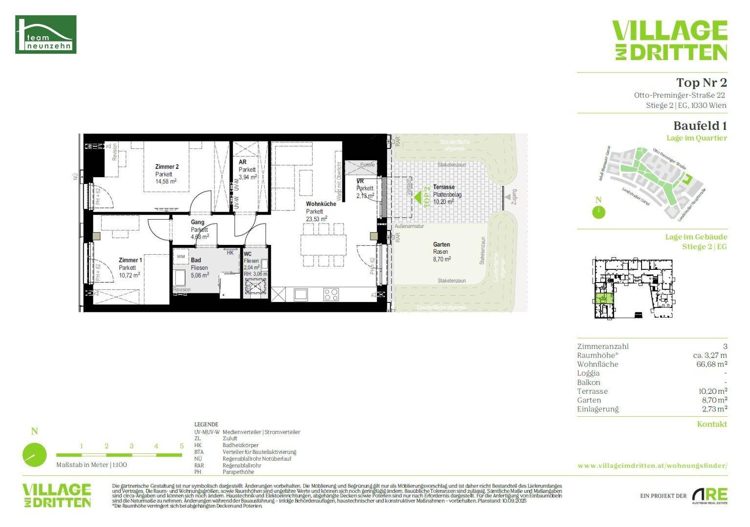 Detaillierter Grundriss einer Wohnung mit zwei Zimmern, Bad, Wohnküche, Loggia, Terrasse und Garten.