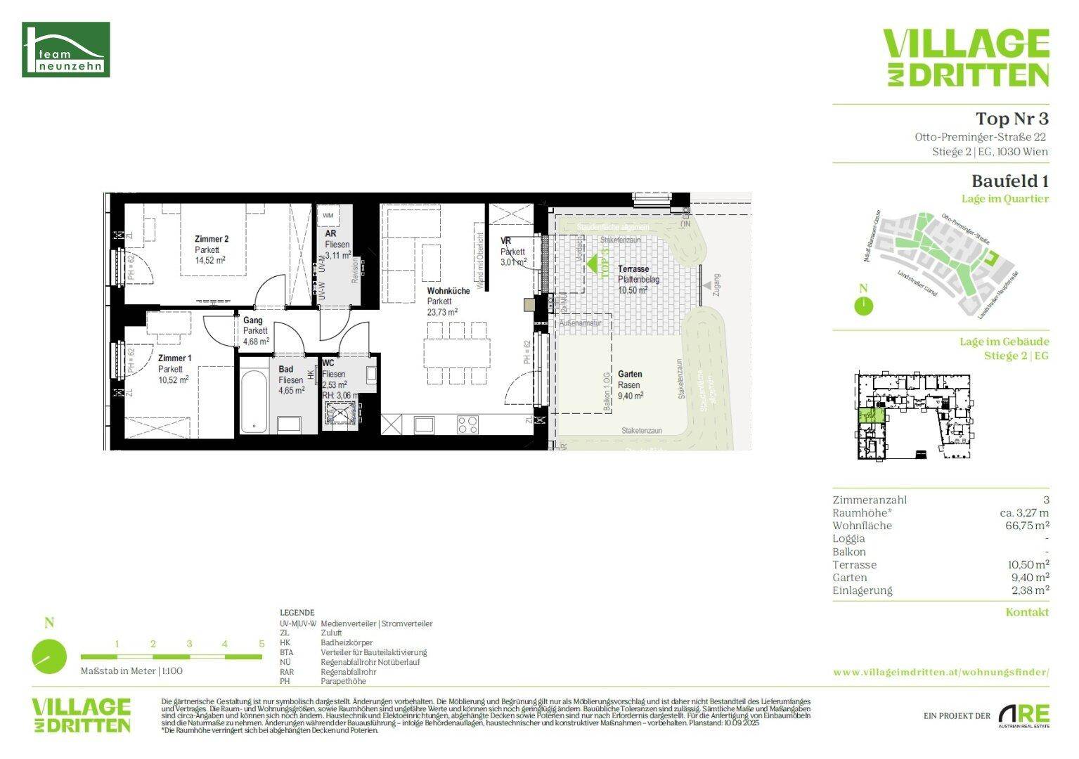 Detaillierter Grundriss einer Wohnung mit Terrasse und privatem Gartenbereich.
