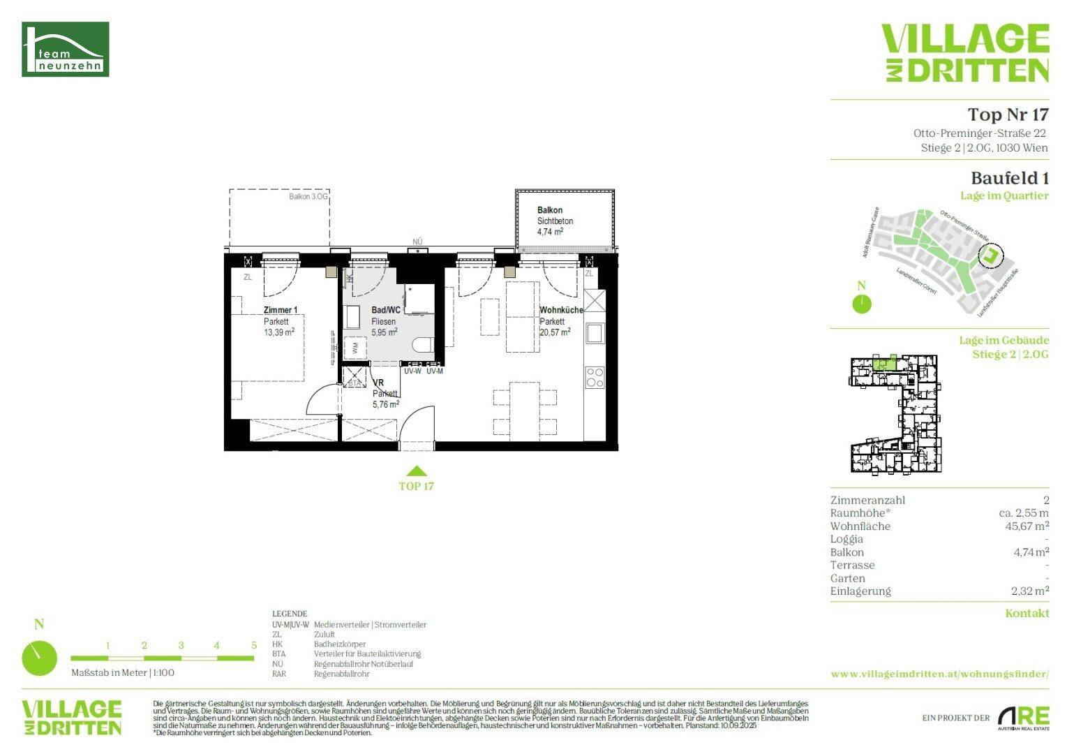 Detaillierter Grundriss der Wohnung Top 17 mit Balkon und offener Wohnküche.