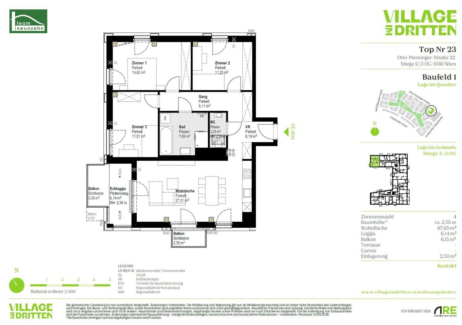 Detaillierter Grundriss der Wohnung Top 23 mit drei Zimmern und Balkon.