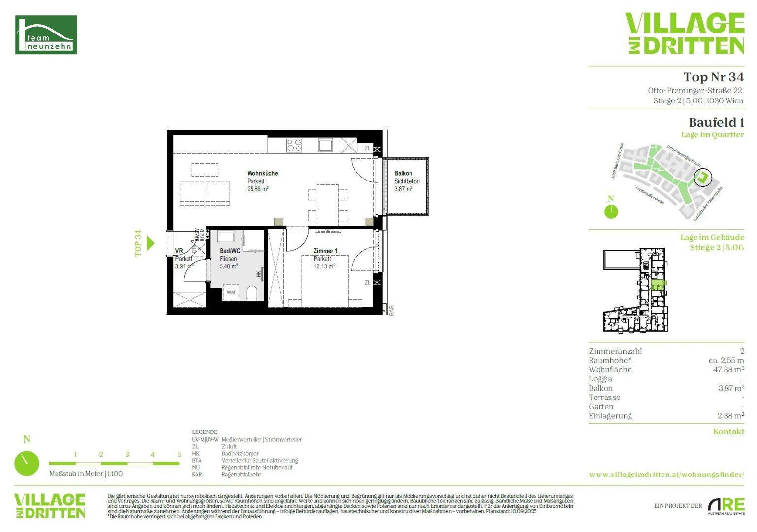 Grundriss einer Wohnung mit Wohnküche, Schlafzimmer, Bad und Balkon.