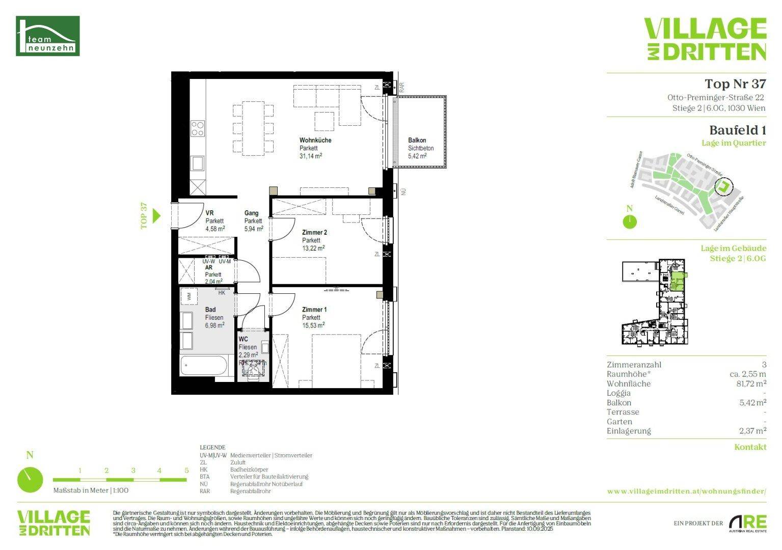 Detaillierter Grundriss der Wohnung Top Nr. 37 mit Zimmeraufteilung und Balkon.