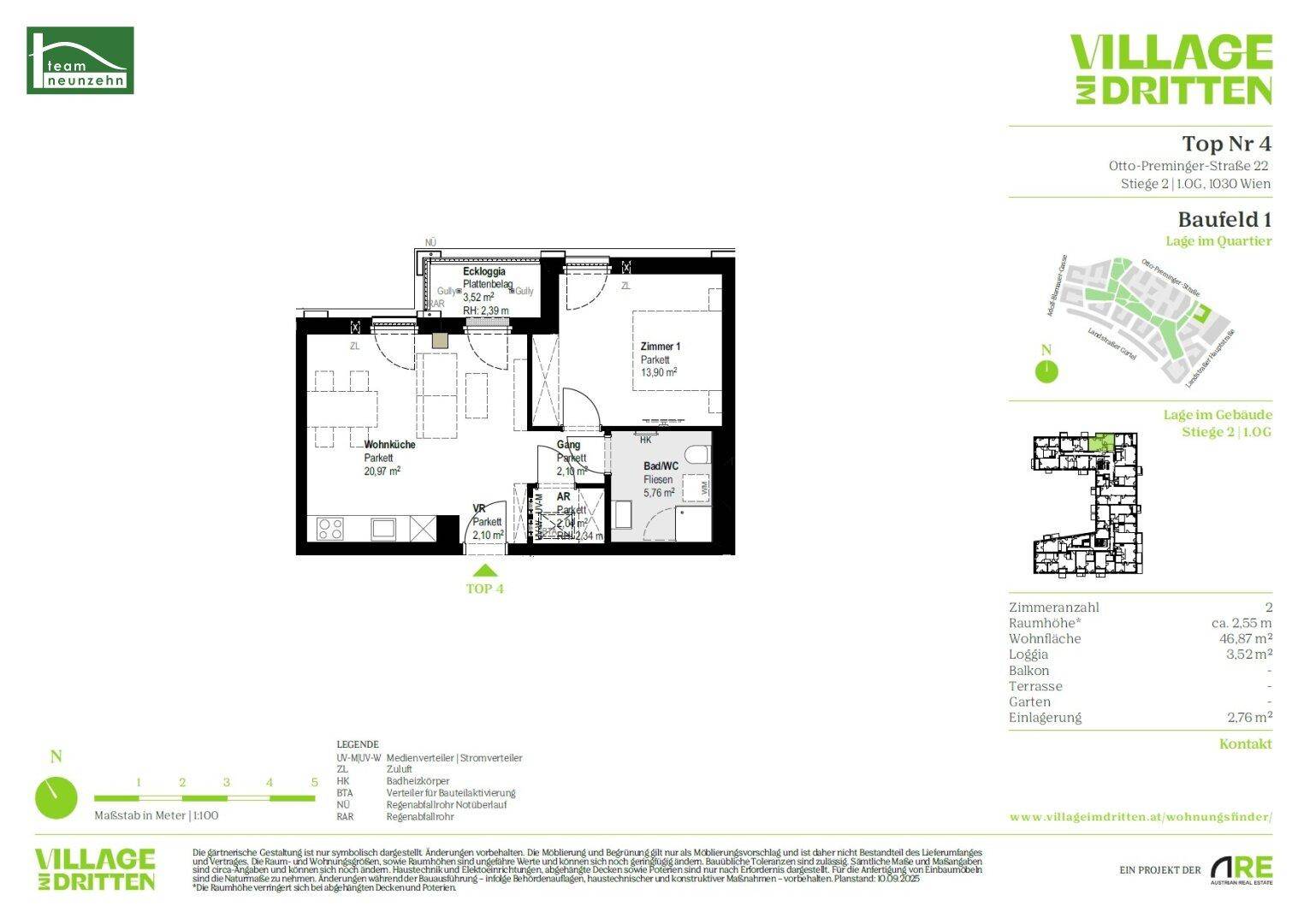 Grundriss der Wohnung Top 4 mit zwei Zimmern und einer Loggia.