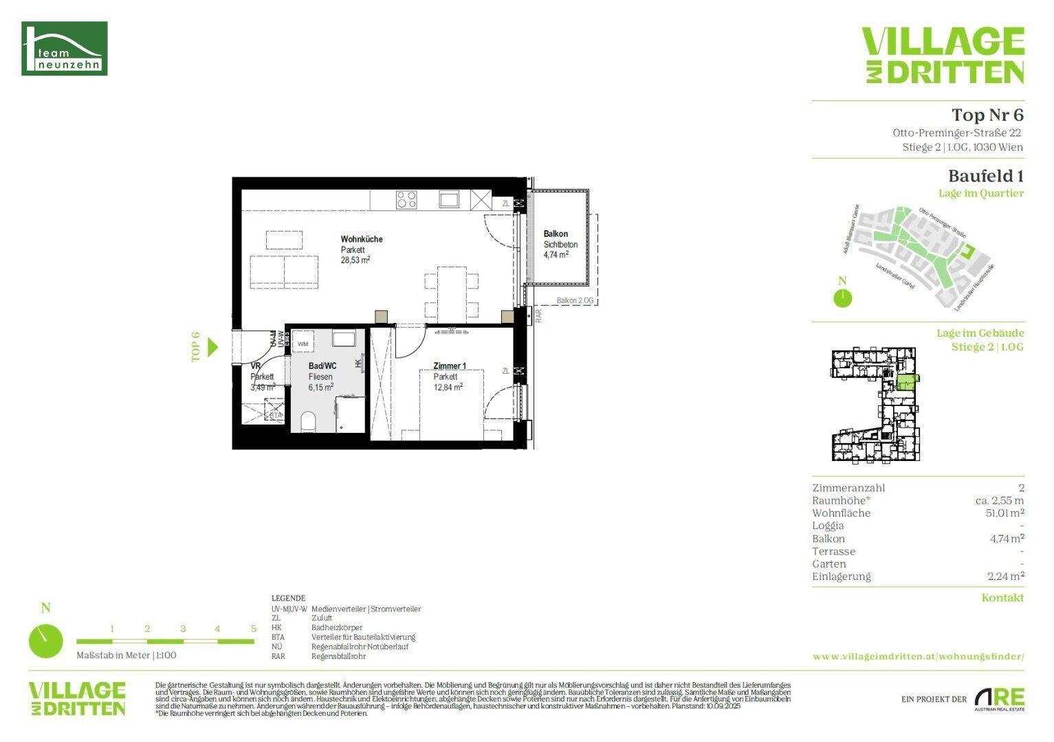 Detaillierter Grundriss einer Wohnung mit Wohnküche, Schlafzimmer und Balkon.