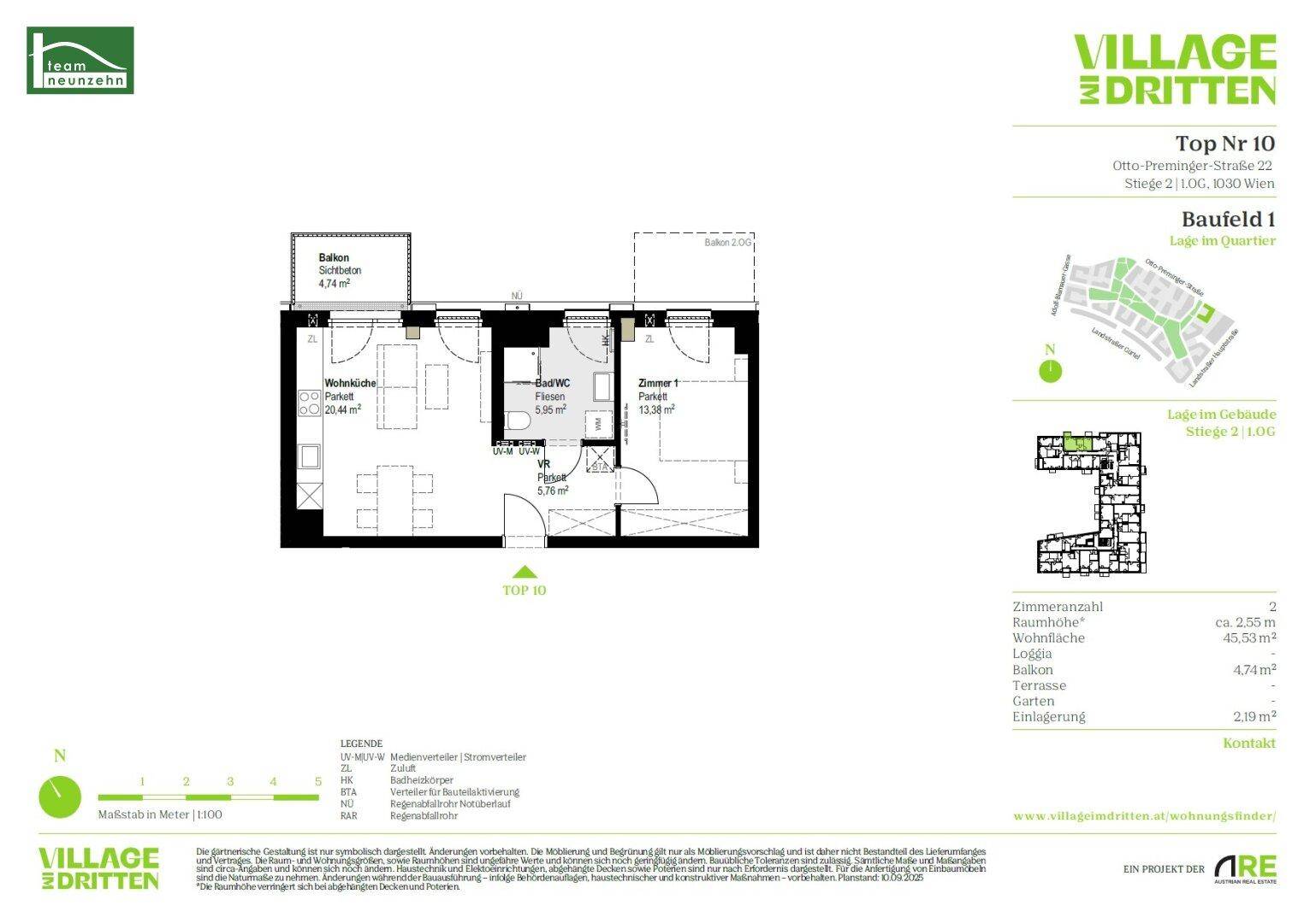Grundriss einer Wohnung mit Wohn-Essbereich, Schlafzimmer, Bad, WC und Balkon.