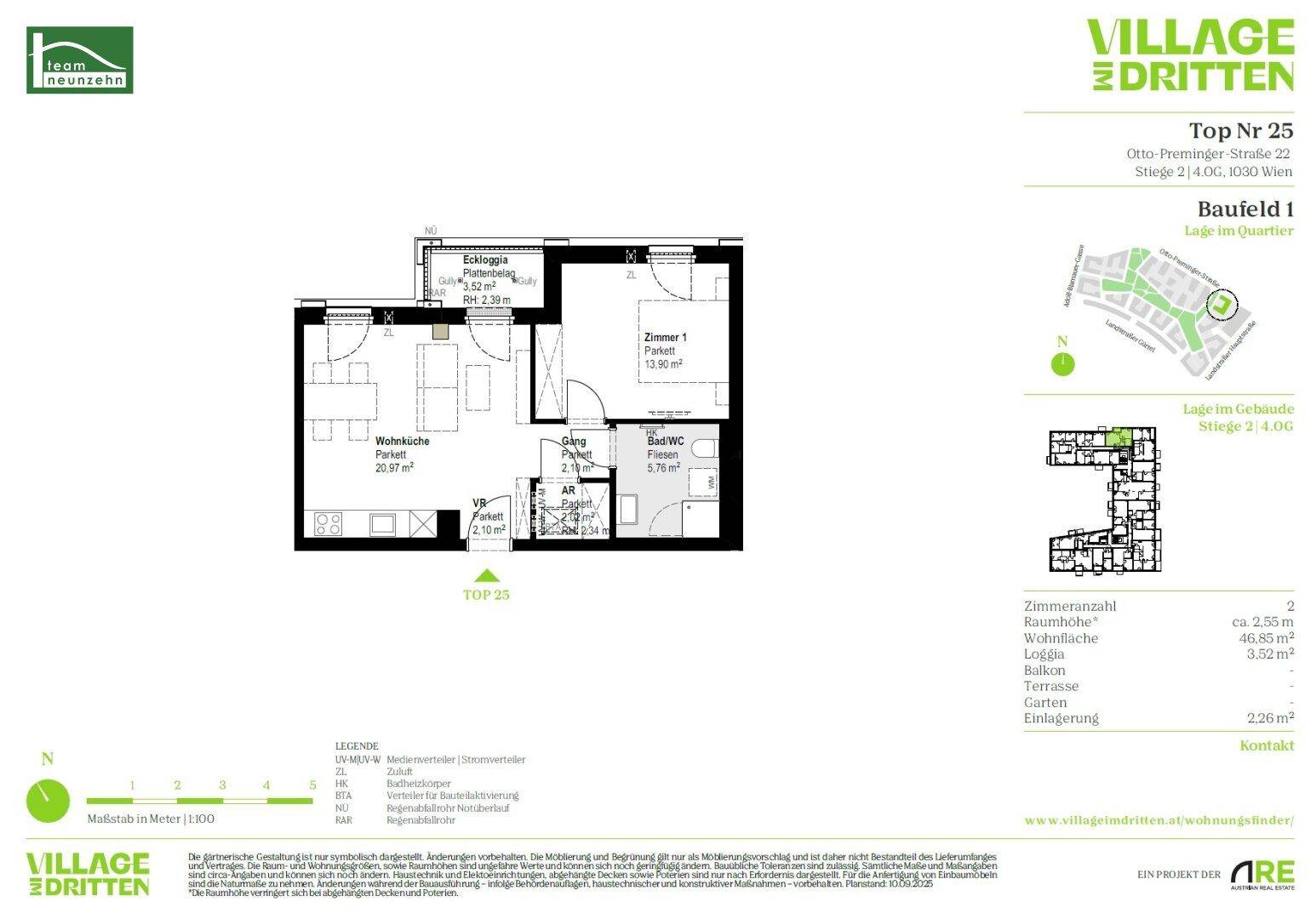 Grundriss der Wohnung Top 25 mit Wohnküche, Schlafzimmer und Loggia.
