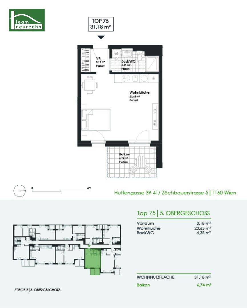 Grundriss der Wohnung TOP 75 mit Wohnküche, Bad und Balkon.