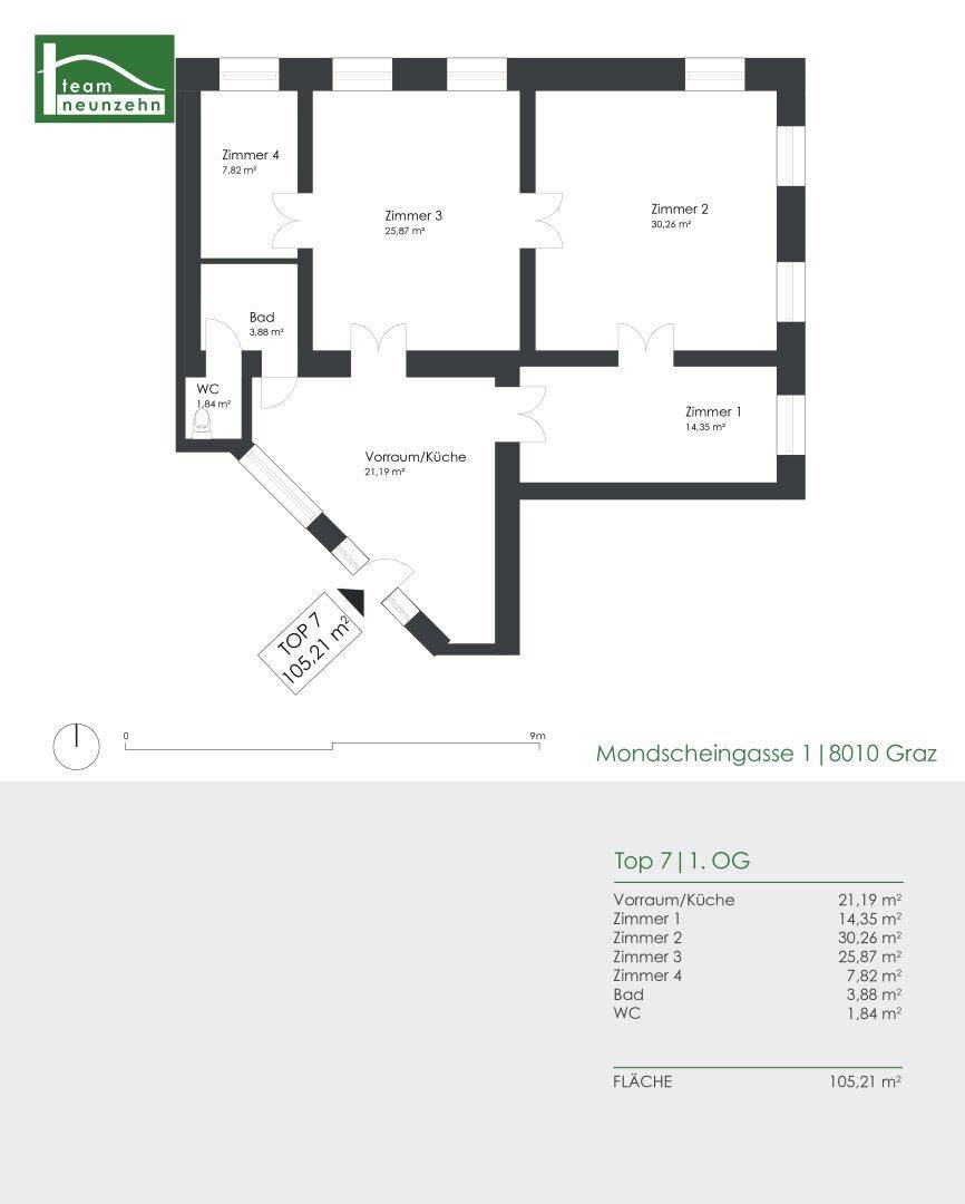 Detaillierter Grundriss einer Wohnung mit vier Zimmern, Bad und separatem WC auf 105,21 m².
