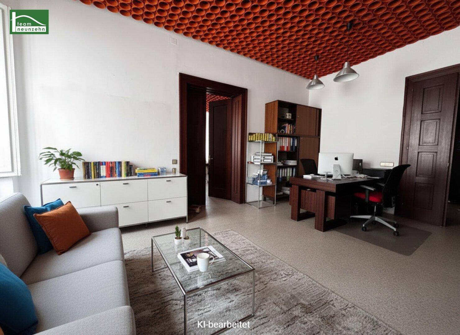 Geräumiges Büro mit einzigartiger orangefarbener Deckenverkleidung, hellen Wänden und modernen Möbeln.