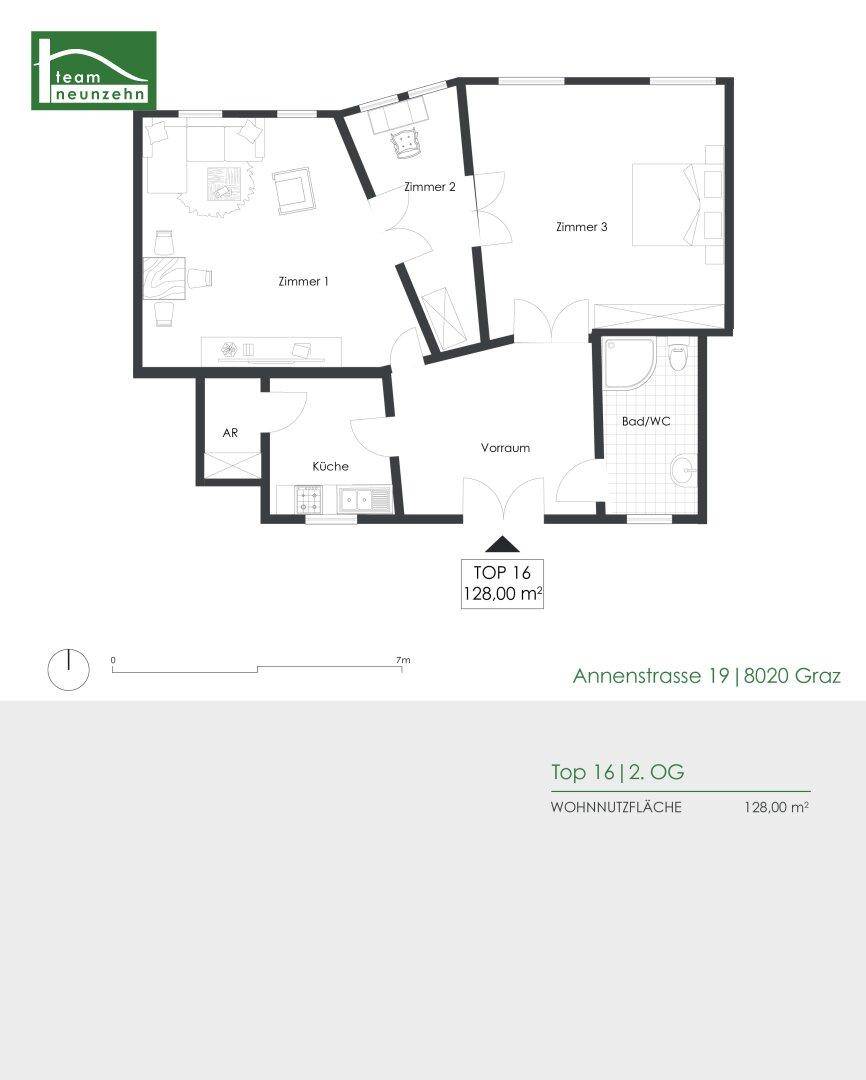 Grundriss der Wohnung Top 16 mit 128 m² Wohnfläche im 2. Obergeschoss.
