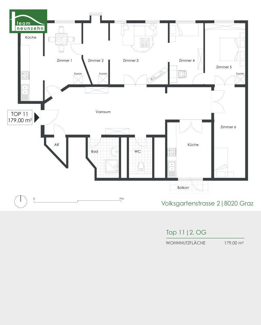 Grundriss der Wohnung Top 11 mit 179 m² und mehreren Zimmern inklusive Balkon.